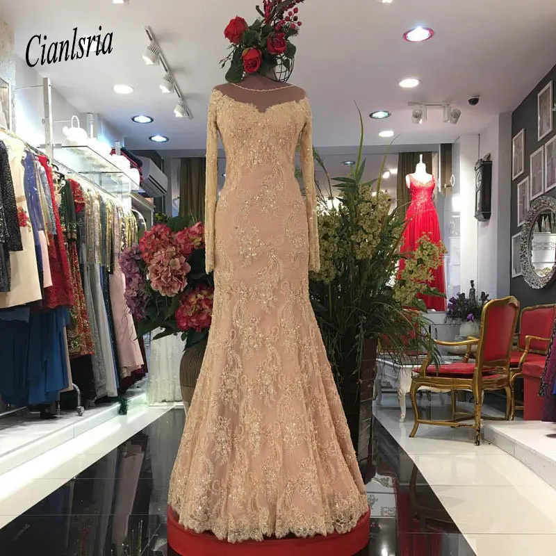 Arabic Luxurious Mermaid Lace Prom Dresses Sheer Neck Long Sleeves Beaded Mother Of Groom Sexy Evening Gown | Свадьбы и торжества