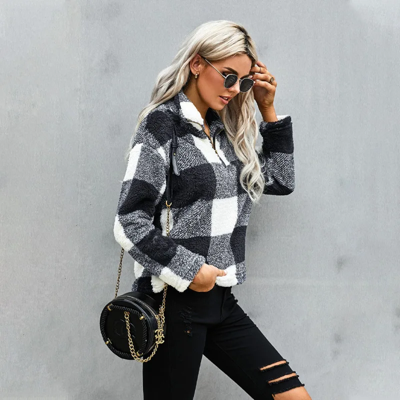 Women's Sweater 2021 New Autumn and Winter Plaid Printed Zipper Half Cardigan Casual Plush