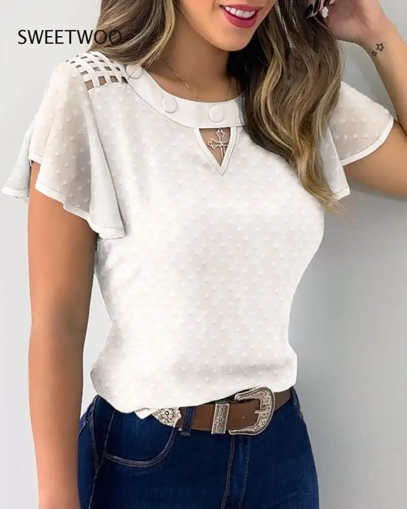 

Женский сетчатый топ в стиле ретро, блузка с рукавами в виде листьев лотоса, женская одежда, лето 2021