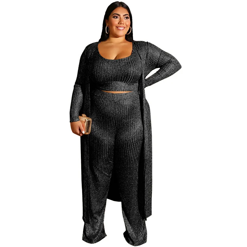 Комплект из 3 предметов размера плюс XL-5XL, укороченный жилет+ плащ+ длинные широкие штаны, однотонный эластичный наряд, Повседневная зимняя одежда для женщин