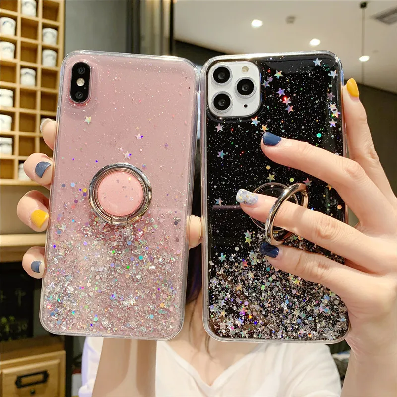 Custodia per telefono con supporto ad anello glitterato per Samsung Galaxy S22 S20 FE S10E S21P S9 Plus S8 Note9 note 10 P Note20 U con retro morbido_voghion.com