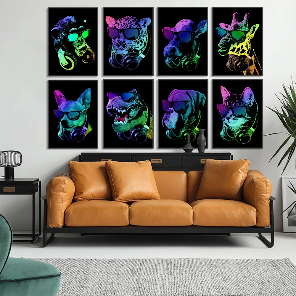 Neon style cool Dj animals Leopard Dog Orangutan Wall Art Canvas Poster Print Picture Home Living Room Decoration Painting