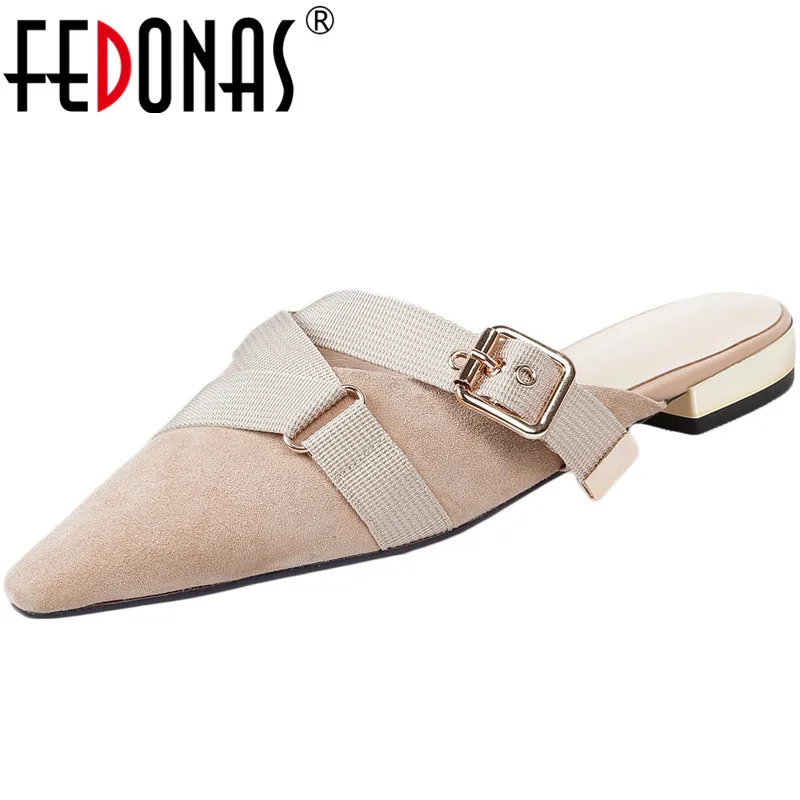 

FEDONAS Women Kid Suede High Heels Buckle Sandals Flat Slippers Mules Pointed Toe Classic Shoes Summer Sweet Shoes Woman