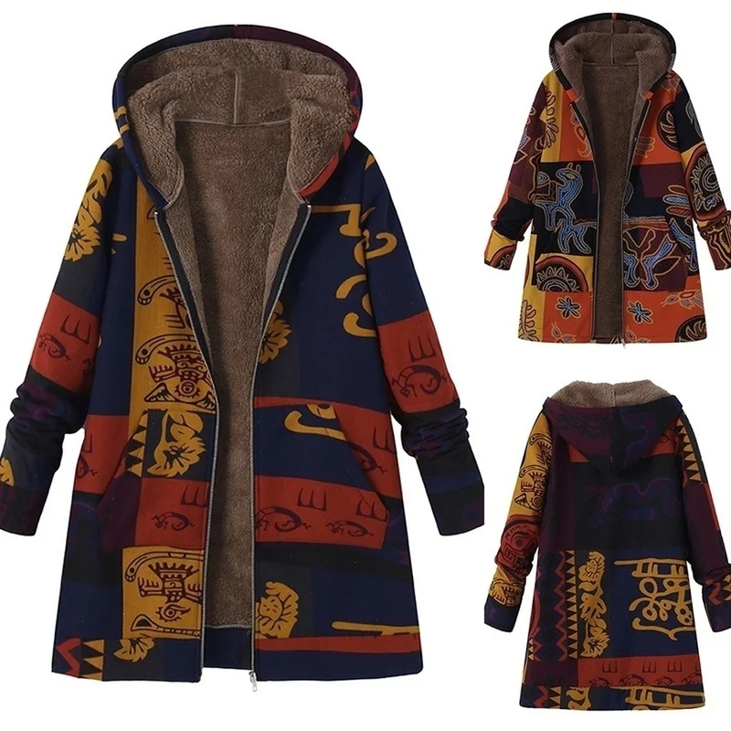 

ZOGAA Women Winter Coat Loose Fluffy Hooded Jacket Pattern Printed Fleece Cozy Zipper Outwear Overcoat Women Jacket Plus Size