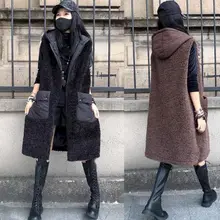 Chaleco de felpa a la moda para mujer, chaqueta holgada informal con capucha de longitud media, con costuras de lana de cordero, gruesa, talla grande, otoño e invierno, 2021