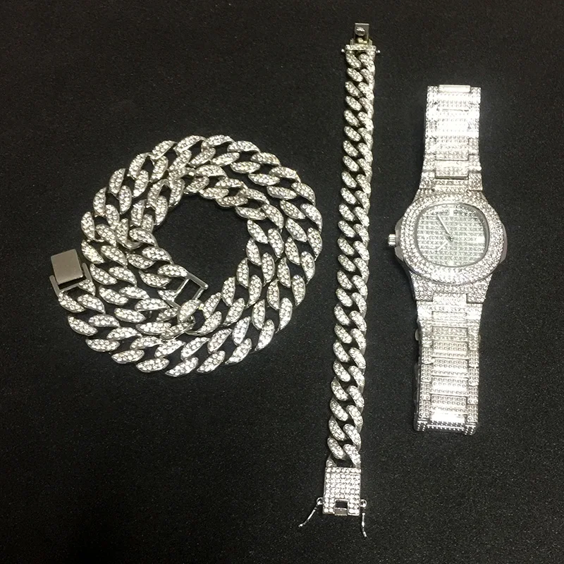 Ожерелье+ часы+ браслет в стиле хип-хоп, кантри, кубинская цепочка, вымощенные стразы, CZ Bling Rapper для Мужчин, Ювелирные изделия
