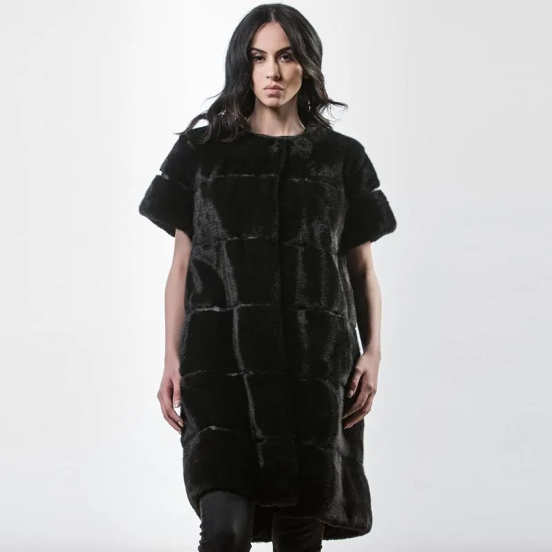 90cm long black Новинка, зимнее пальто из натурального меха норки с коротким рукавом, куртка для больших женщин, натуральная зимняя теплая элегантная женская куртка - Цвет: 90cm long black