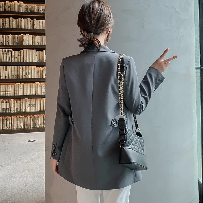 

2019 Autumn New Style Korean-style Small Suit Coat Double Breasted Solid Color Mid-length Loose-Fit Korean-style Casual Versatil
