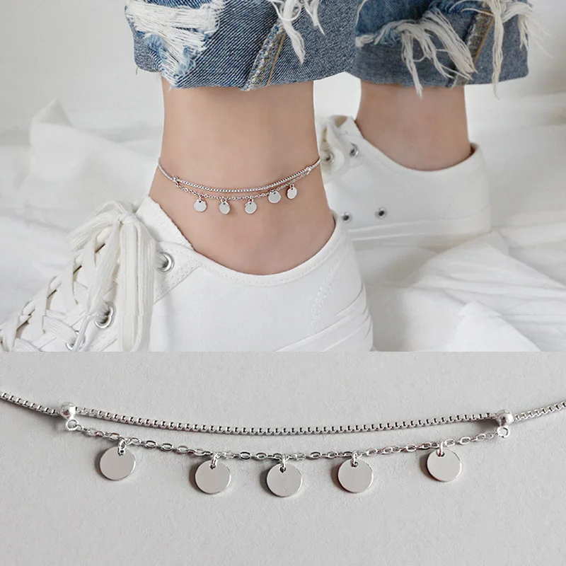

Hjl002 Korean-style S925 Fine Silver Handmade Creative Cool Geometry Circle Wafer Box Anklet Foot Ornaments