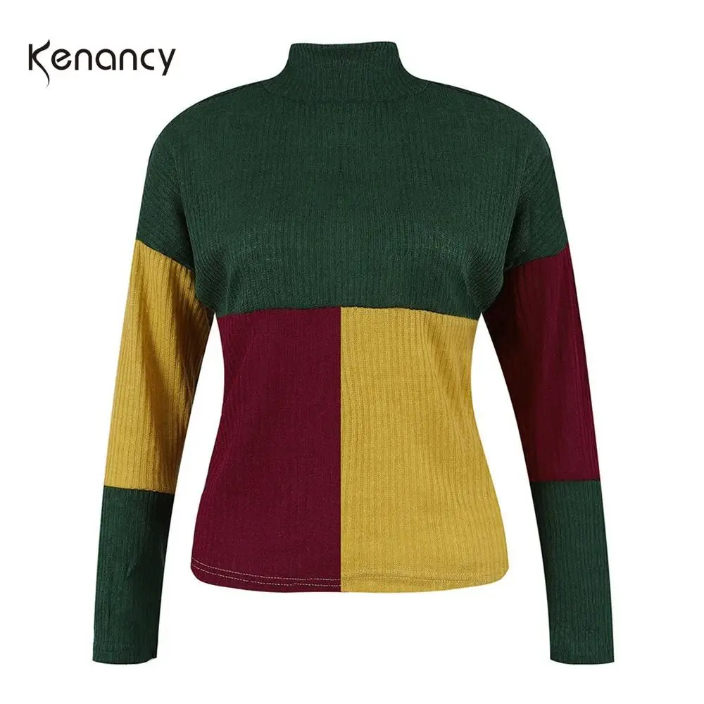 Kenancy цветные женские Повседневные свитера в стиле пэчворк осенние топы с круглым