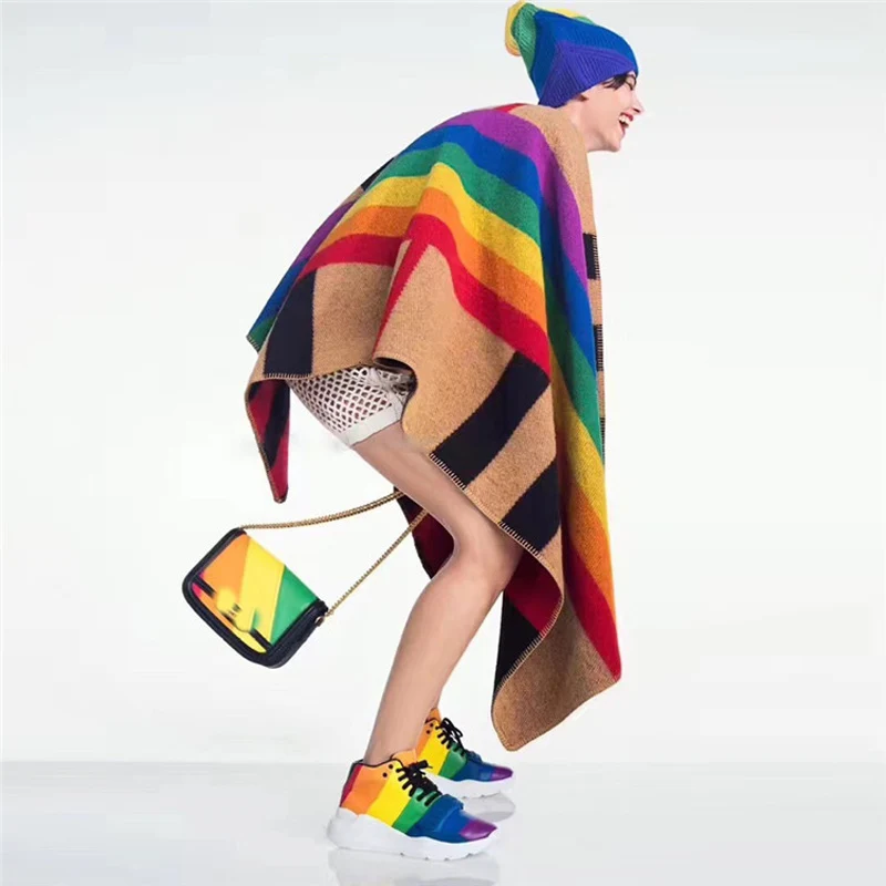 

High Quality Plaid Wool Cloak Rainbow Colorblocked Cashmere-blend Blanket Shawl