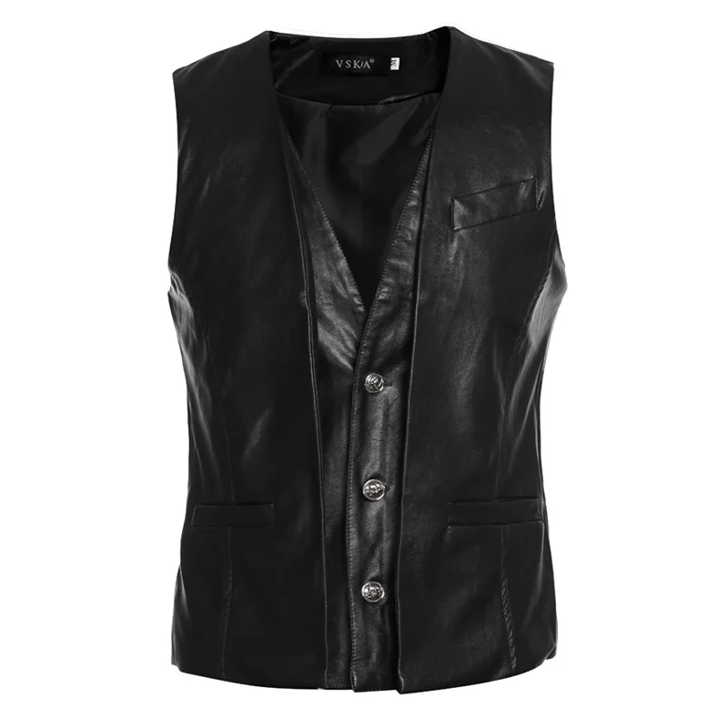 

Motorcycle Leather Vests PU Sleeveless Jacket Autumn Spring Fashion Casual Slim Cowboy Solid Waistcoat Men Outwear Clothing Y