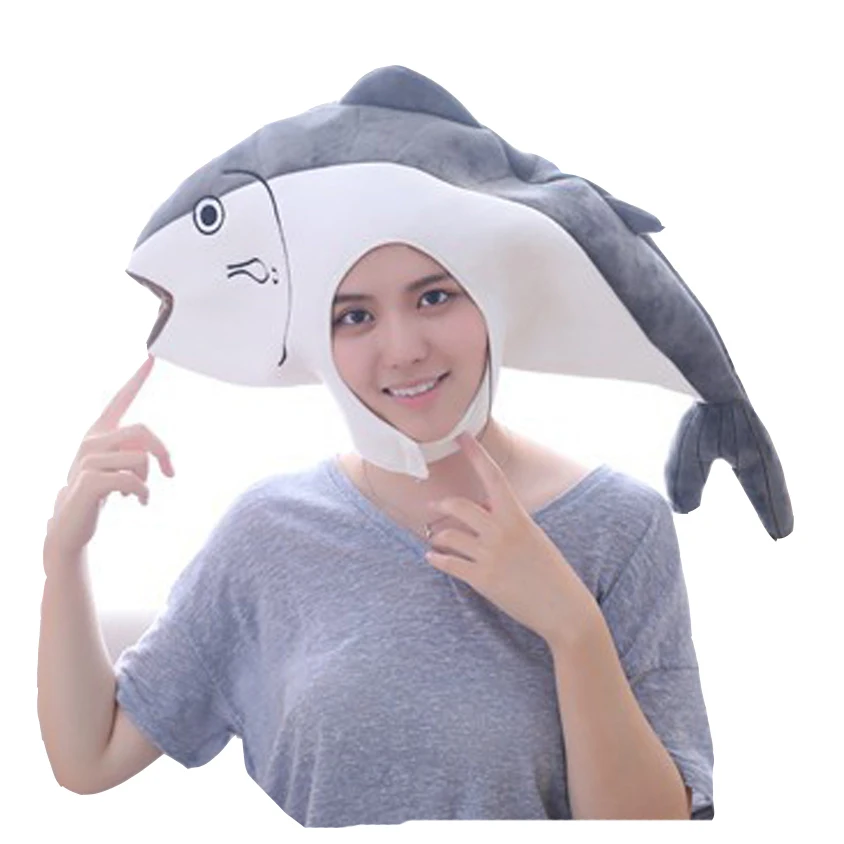 Japanese Cute Salted Fish Headgear Salted Fish Hood Hat Plush Toy Birthday Stuffed Cap Gift