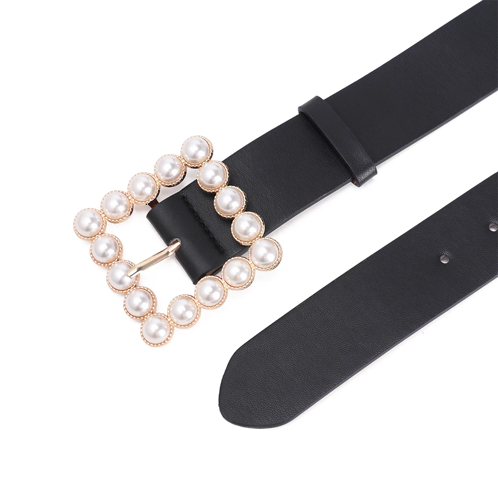 1PC Fashion Women Square Buckle Leather Belt Sweet Inlaid Pearl Decoration Solid Color Belt Elegant Wedding Party Ladies Belt