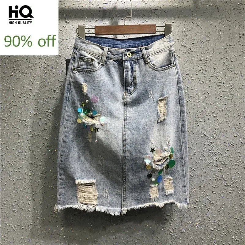 

Sequin Skirts Women Summer 2020 Korean Fashion Hole Ripped Straight Knee-Length Jeans Faldas Vintage Slim Fit Denim Skirt Woman