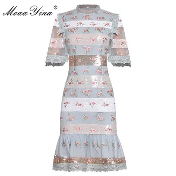 

MoaaYina Fashion Designer Runway dress Spring Summer Women's Dress Short sleeve Sequins Embroidery Package buttocks Dresses