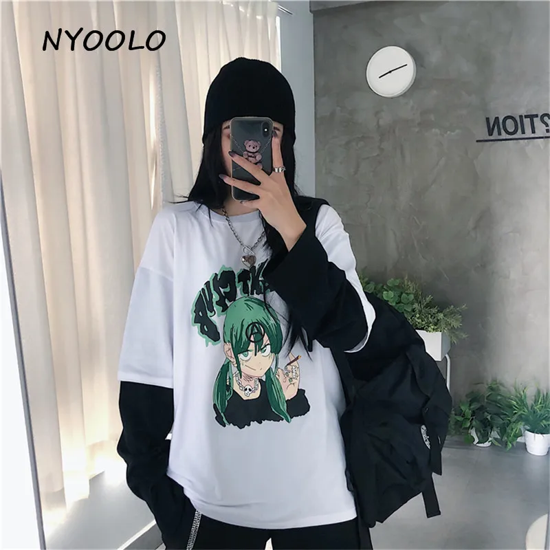 NYOOLO Harajuku стиль зеленый Смешной Персонаж печати лоскутный Топ осень уличная Поддельные 2 шт. футболка с длинными рукавами для женщин и мужчин