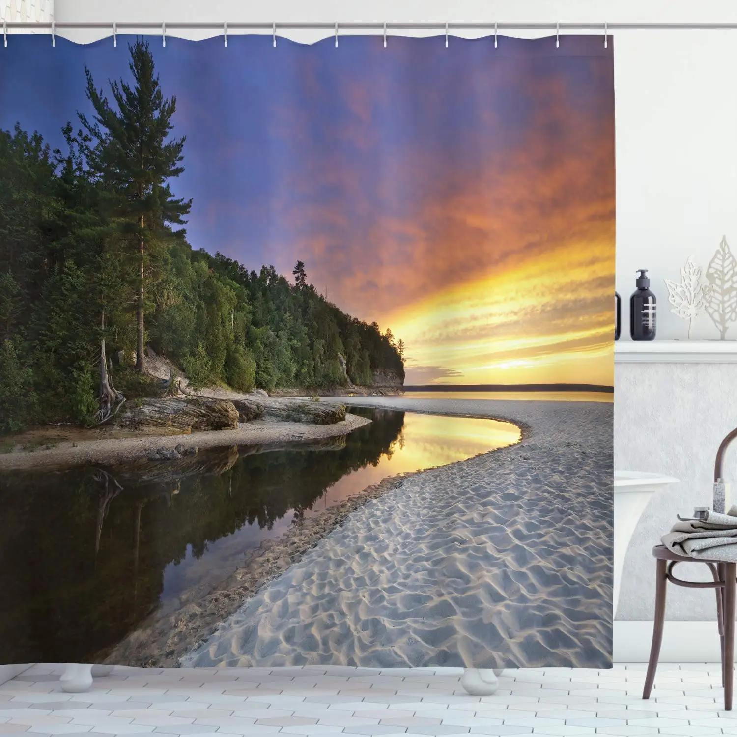 

Landscape Shower Curtain, Scenic Seaside Sunset Wavy Waters Seafoam Trees Forest Hill Colorful Cloudy Sky, Cloth Fabric Bathroom