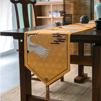 

DUNXDECO Table Runner Oriental Rhythm Chinese Style Luxury Crane Tablecloth Modern Aesthetic Soft Velvet Desk Decorative Fabric