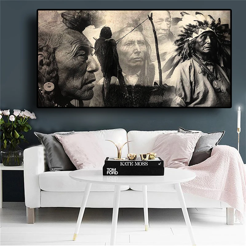 

Black and White Native Indian Painting Posters and Prints Portrait Canvas Art Scandinavian Wall Picture for Living Room