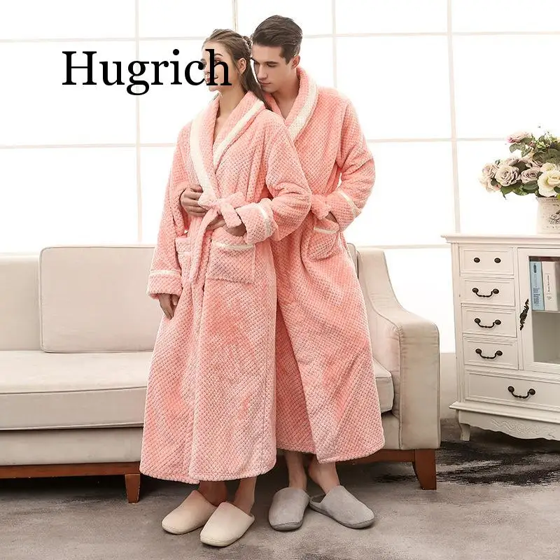 2020 Men Plus Size 3XL Flannel Kimono Bath Gown Ultra Long Large Robe Coral Fleece Nightgown Lovers Couple Thick Warm Sleepwear