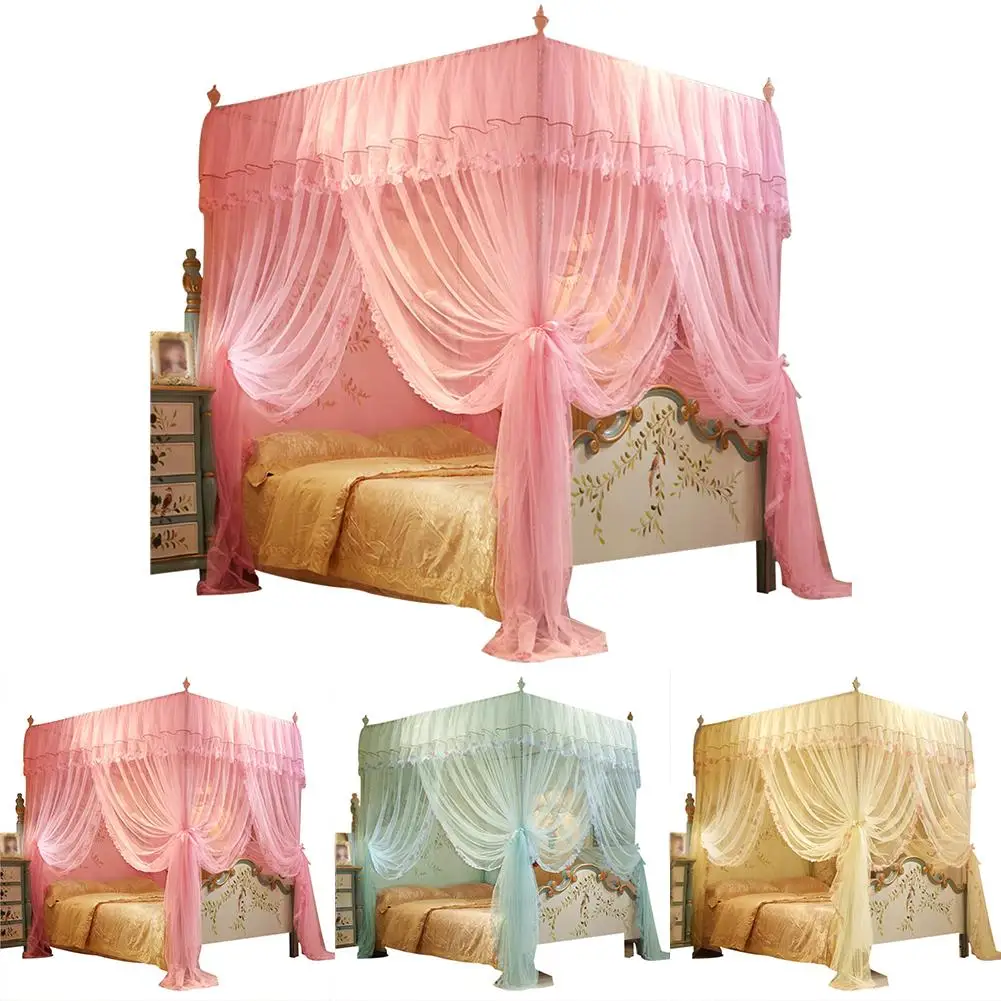 

Newest 4 Posters Corners Bed Canopy Princess Queen Mosquito Bedding Net Bed Tent Floor-Length Curtain 150*200 Mm