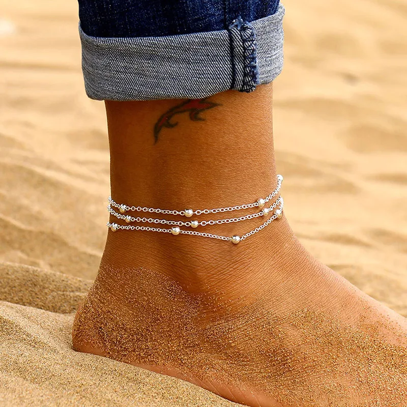 USTAR boho Layered Chain Beads Anklets for Women Adjustable Stainless Steel Foot Bracelet Anklet Summer Sandals Jewelry USTAR boho Layered Chain Beads Anklets for Women Adjustable Stainless Steel Foot Bracelet Anklet Summer Sandals Jewelry