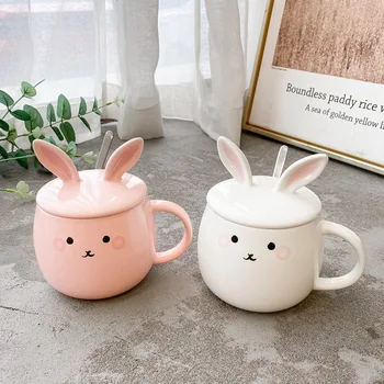 

Cartoon Rabbit with Lid Spoon Ceramic Cup Coffee Breakfast Cup Mug Cute Student Couple Cup Coffee Mug