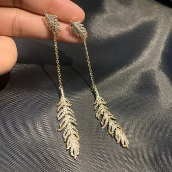 

S925 silver needle gold micro-inlaid zircon feather earrings long European and American popular leaf earrings