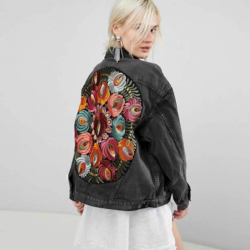 

Denim Jacket Boho Oversized Multi Floral Embroidered Long Sleeve Casual Chic Jacket Coat Women 2020 New Spring Autumn Clothes
