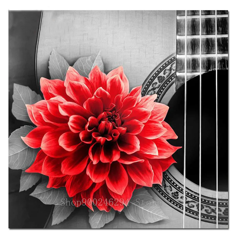 Squareround Diamond Painting guitar &amp red Flower Rhinestones Picture Embroidery Sale Mosaic Stitch New Arrival FF1626 | Дом и сад
