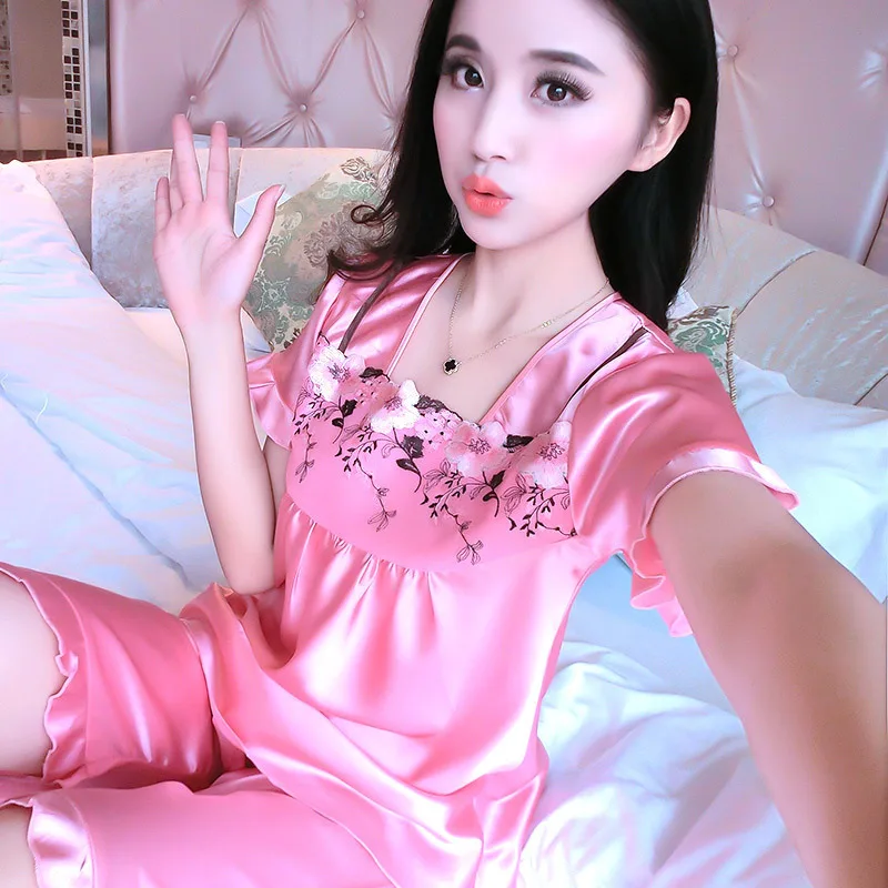 

Women's Imitated Silk Fabric Nightgown Summer Short-sleeved Set Thin Piece Sexy Viscose Silk Spring And Autumn Home Wear