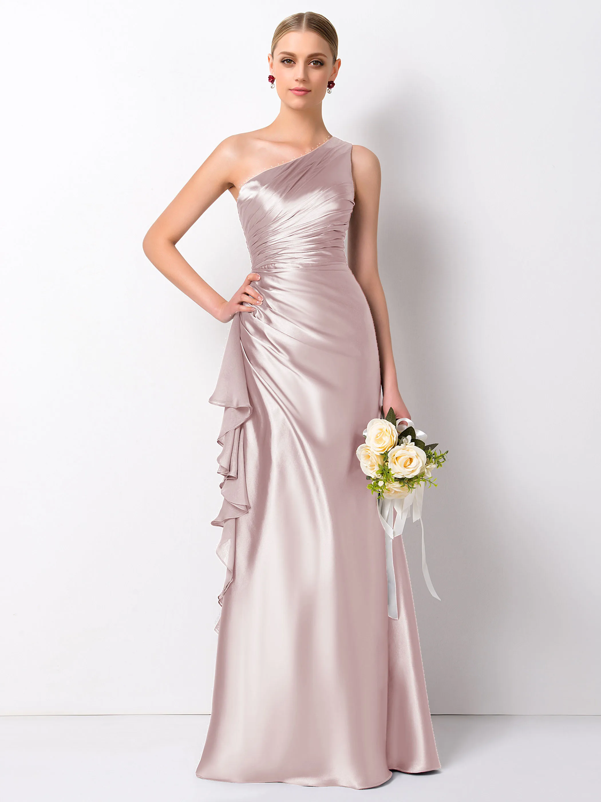 Pearl Pink Tanpell, колонна, одно плечо, платье подружки невесты, официальное, с оборками, длина до пола, для девушек, для свадебной вечеринки, на заказ, платье подружки невесты - Цвет: Pearl Pink