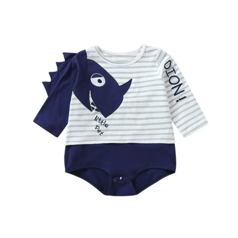 

Cute Infant Long Sleeves Cute Dinosaur Striped Fake Two-Piece Romper Cartoon Onesies Toddler Baby Kids