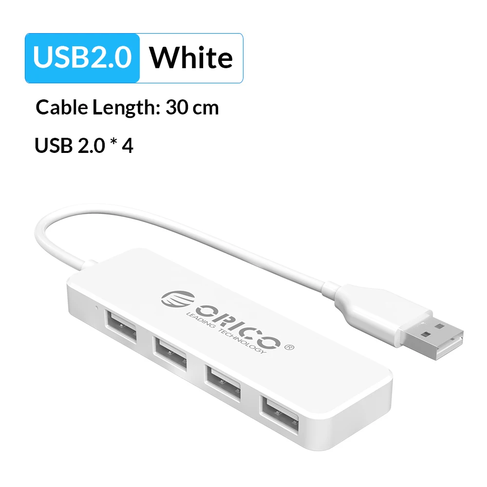 4 Port White 30CM ORICO мини 4, 8 Порты и разъёмы USB 2,0 концентратор Высокоскоростной USB разветвитель для ПК Компьютерные аксессуары Mac/Windows OTG концентратор-черный/белый - Цвет: 4 Port White 30CM