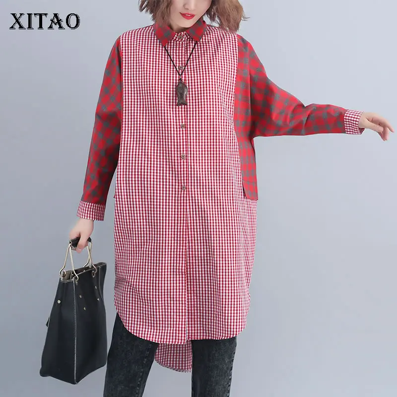 Женское клетчатое платье миди XITAO асимметричное однобортное с отложным
