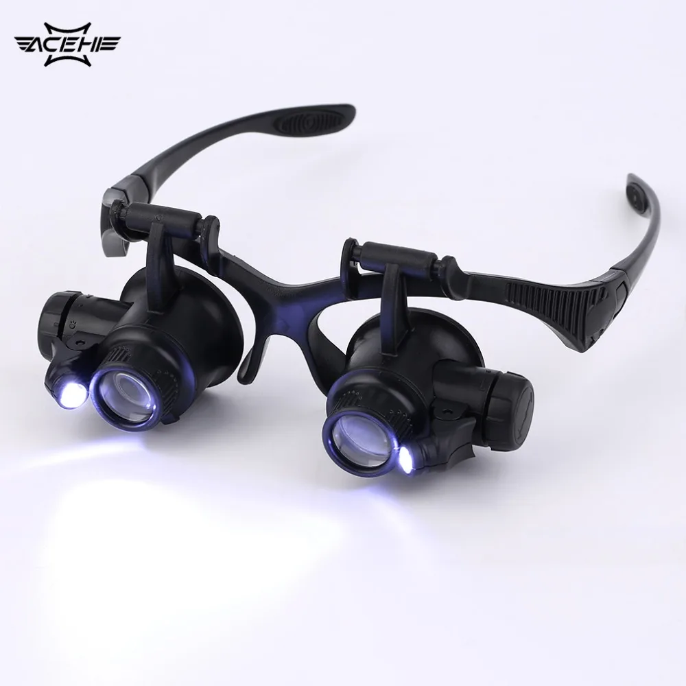 

ACEHE 20x LED Lights Glasses Magnifiers Jeweler Watch Repair Eye Glasses Optical Lens Magnifier Loupe Tools With 2 LEDs
