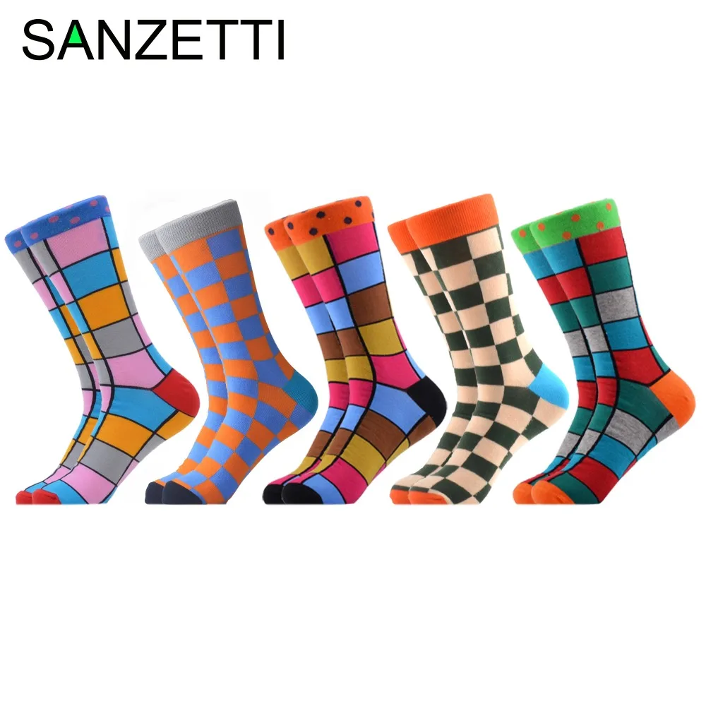 SANZETTI, 5 пара/лот, цветные мужские повседневные носки из чесаного хлопка, носки для свадебного торжества, Веселые носки в стиле хип-хоп, яркие носки