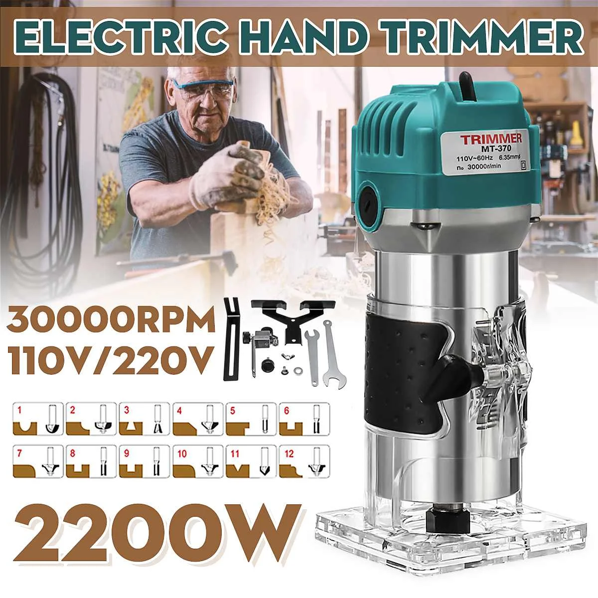 

110V/220V 2200W 6.35mm Electric Hand Trimmer Wood Laminate Palms Router Joiners Router for Woodworking Tool Kit