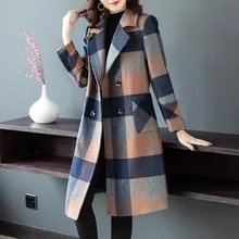 Винтажное шерстяное пальто, женская осенняя зимняя одежда, новинка, корейский стиль, большой размер, длинное клетчатое шерстяное пальто, Женское пальто B03