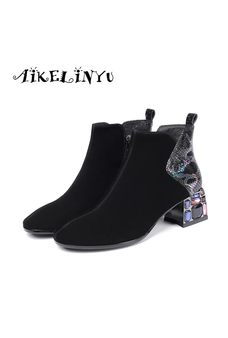 Aikelinyu/модные сапоги на высоком каблуке с кристаллами; женские ботильоны с квадратным носком; женская обувь из овечьей кожи; женская обувь для вечеринок; зимняя обувь