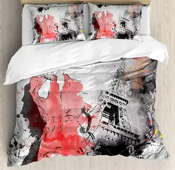 

Paris Duvet Cover Set King Size Modern Parisienne French Fashion Icon Lady Woman on Complex Grunge Background Modern Decorative