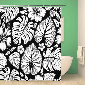 

Bathroom Shower Curtain Aloha Hawaiian Pattern Tropical Flowers and Leaf Palm Gibiscus Polyester Fabric 66x72 inches Waterproof