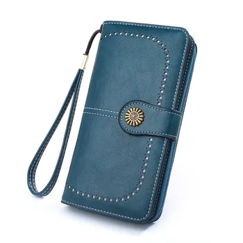 

2020 New Women's Wallet Oil Wax Leather Retro Long Zipper Buckle Phone Bag Oil Leather Multifunctional Clutch