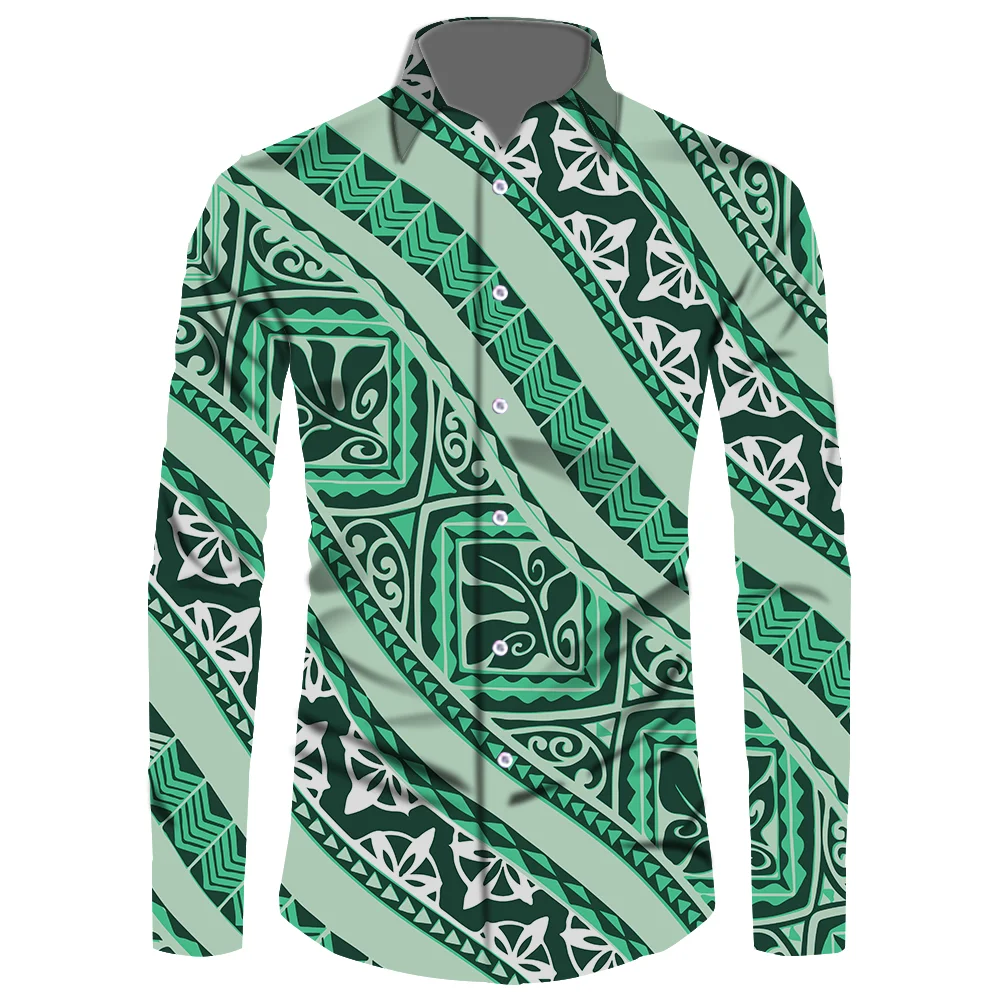 

Autumn Hot Sale Polynesian Tattoo Long Sleeve Shirt Men Top Green Blue Shirt Polyester Classics Tribal Island Shirt