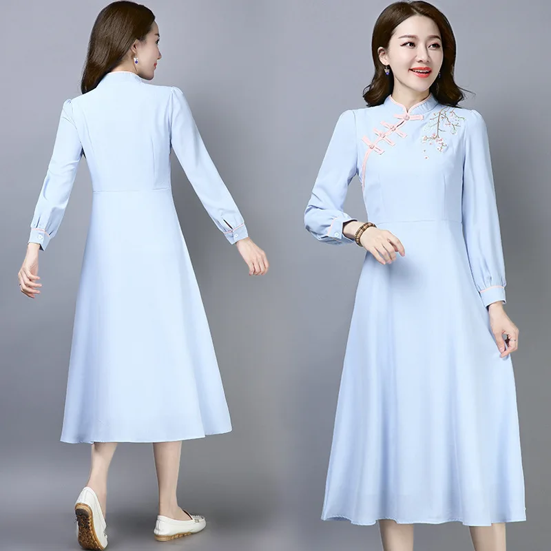 

2019 Spring New Products Literature And Art Retro Slim Fit Embroidery Frog Stand Collar Improved Cheongsam Dress Women's