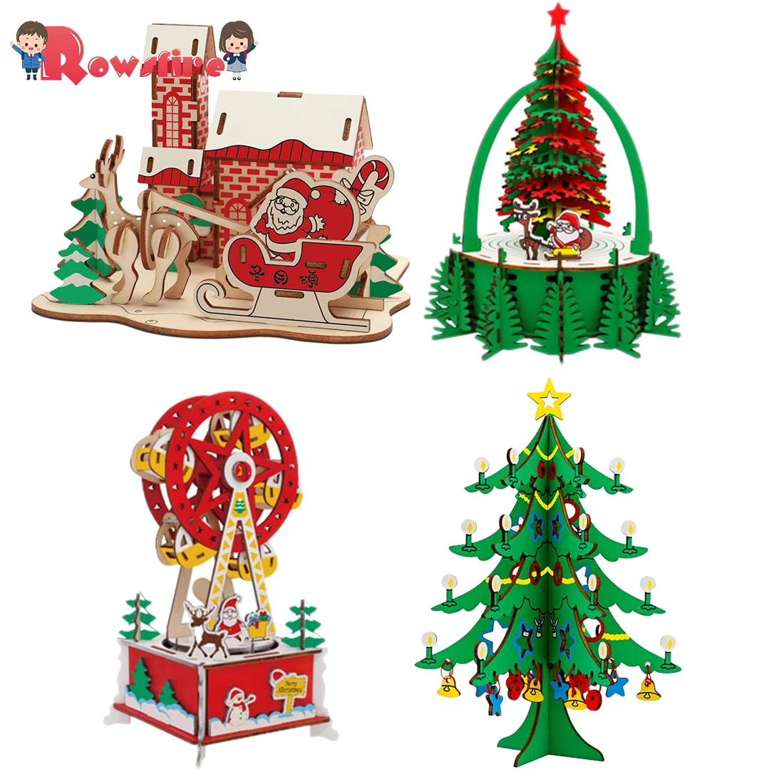 

4Pcs DIY 3D Wooden Christmas Assembled Toy Simulation Christmas Craft Gift