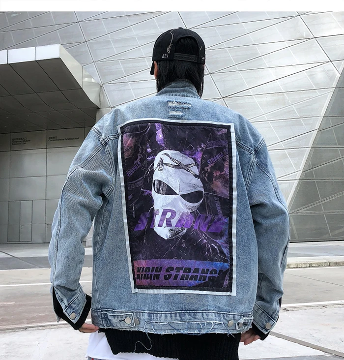AELFRIC Alien напечатаны мужские джинсовые куртки Harajuku хип хоп пальто с отверстиями модные повседневные негабаритные мужские Верхняя одежда с длинными рукавами уличная