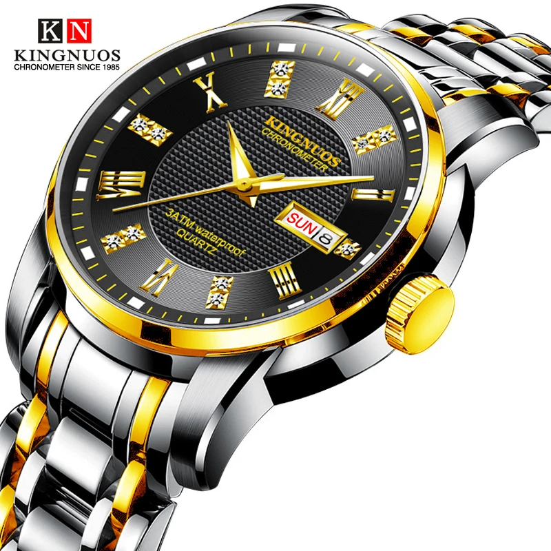 

KINGNUOS stylish gold men's steel belt calendar week multifunction watch waterproof casual business gentleman watch