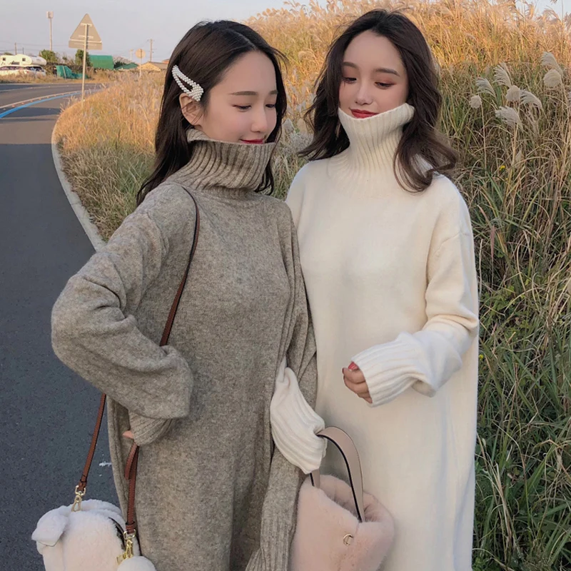 

Casual Harajuku Vintage Loose Turtleneck Long Sweater Dress Women Full Sleeve Warm Pullover Knitted Female Dress Winter Vestidos